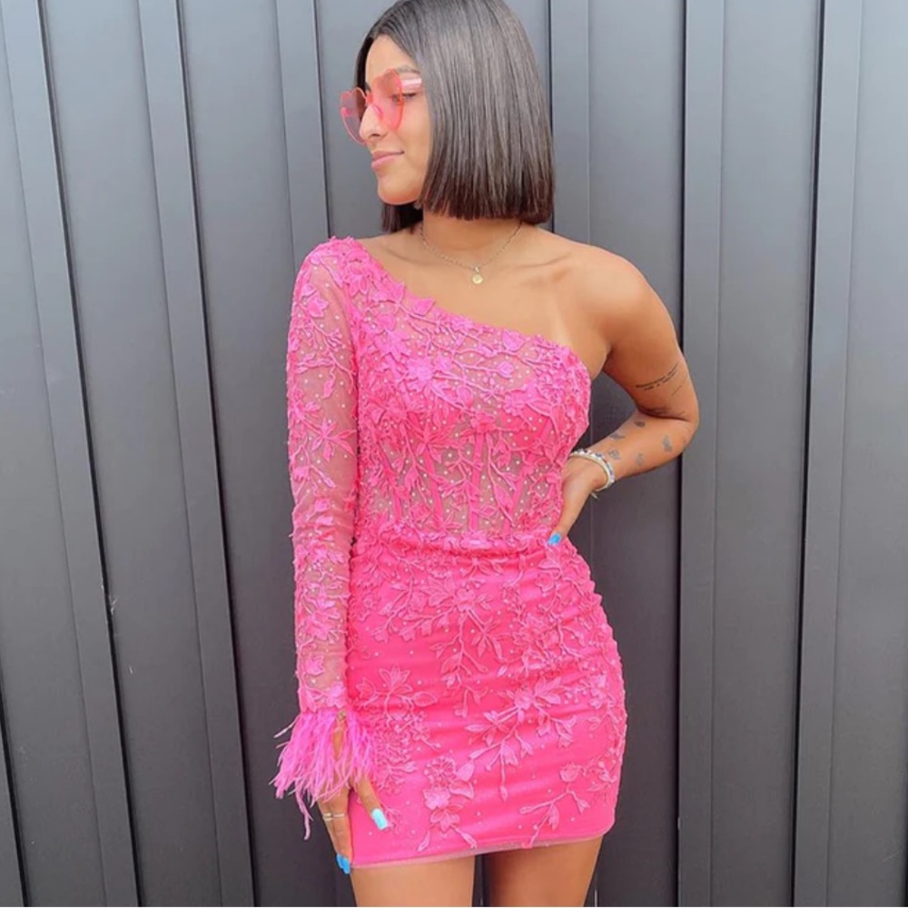 Glitter Pink One Shoulder Corset Lace Tight Short